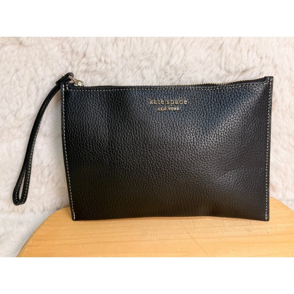 Kate Spade Black Pebbled Leather Wristlet Pouch KA186 Gold Hardware 5